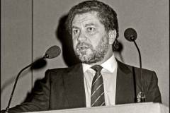 British businessman Alan Sugar, talking at a press conference, London, 1988. (Photo by Dick Barnatt/Getty Images)