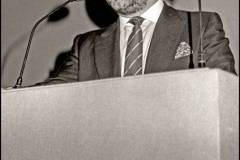 British businessman Alan Sugar, talking at a press conference, London, 1988. (Photo by Dick Barnatt/Getty Images)
